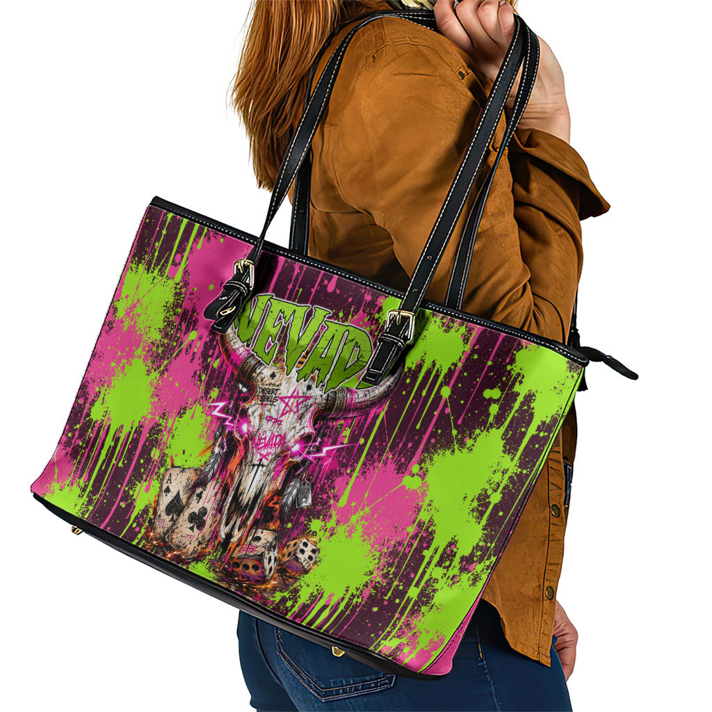 Nevada Area 51 Bull Skull Alien UFO Leather Tote Bag Vibrant Pink Lime Paint Drip Graffiti Street Art Style