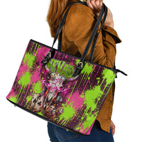 Nevada Area 51 Bull Skull Alien UFO Leather Tote Bag Vibrant Pink Lime Paint Drip Graffiti Street Art Style
