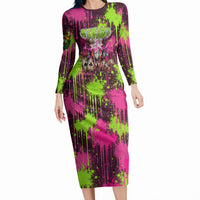 Nevada Area 51 Bull Skull Alien UFO Long Sleeve Bodycon Dress Vibrant Pink Lime Paint Drip Graffiti Street Art Style