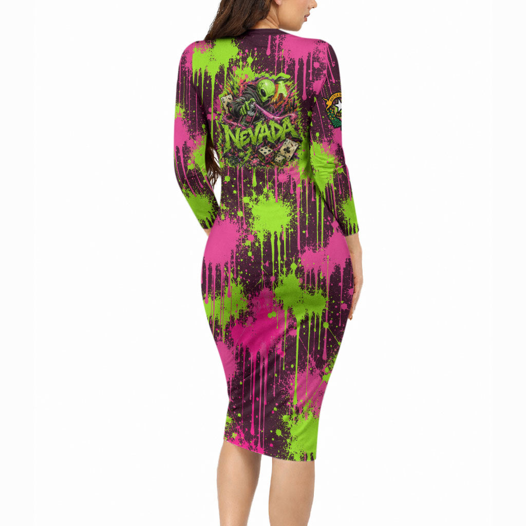 Nevada Area 51 Bull Skull Alien UFO Long Sleeve Bodycon Dress Vibrant Pink Lime Paint Drip Graffiti Street Art Style