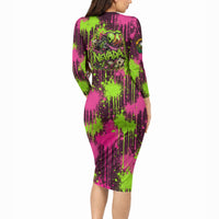 Nevada Area 51 Bull Skull Alien UFO Long Sleeve Bodycon Dress Vibrant Pink Lime Paint Drip Graffiti Street Art Style