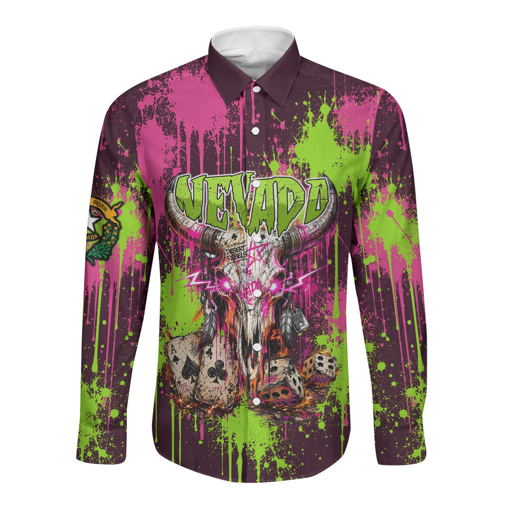 Nevada Area 51 Bull Skull Alien UFO Long Sleeve Button Shirt Vibrant Pink Lime Paint Drip Graffiti Street Art Style