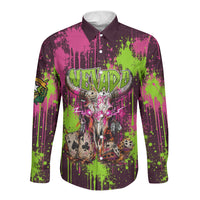 Nevada Area 51 Bull Skull Alien UFO Long Sleeve Button Shirt Vibrant Pink Lime Paint Drip Graffiti Street Art Style