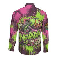 Nevada Area 51 Bull Skull Alien UFO Long Sleeve Button Shirt Vibrant Pink Lime Paint Drip Graffiti Street Art Style