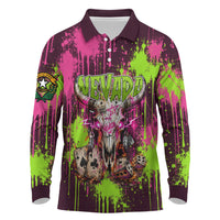 Nevada Area 51 Bull Skull Alien UFO Long Sleeve Polo Shirt Vibrant Pink Lime Paint Drip Graffiti Street Art Style