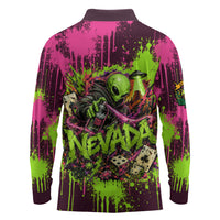 Nevada Area 51 Bull Skull Alien UFO Long Sleeve Polo Shirt Vibrant Pink Lime Paint Drip Graffiti Street Art Style