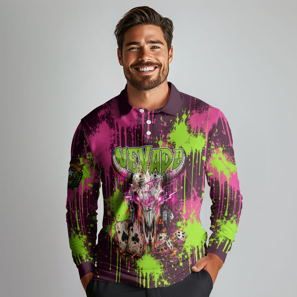 Nevada Area 51 Bull Skull Alien UFO Long Sleeve Polo Shirt Vibrant Pink Lime Paint Drip Graffiti Street Art Style
