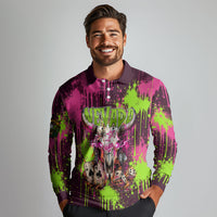 Nevada Area 51 Bull Skull Alien UFO Long Sleeve Polo Shirt Vibrant Pink Lime Paint Drip Graffiti Street Art Style