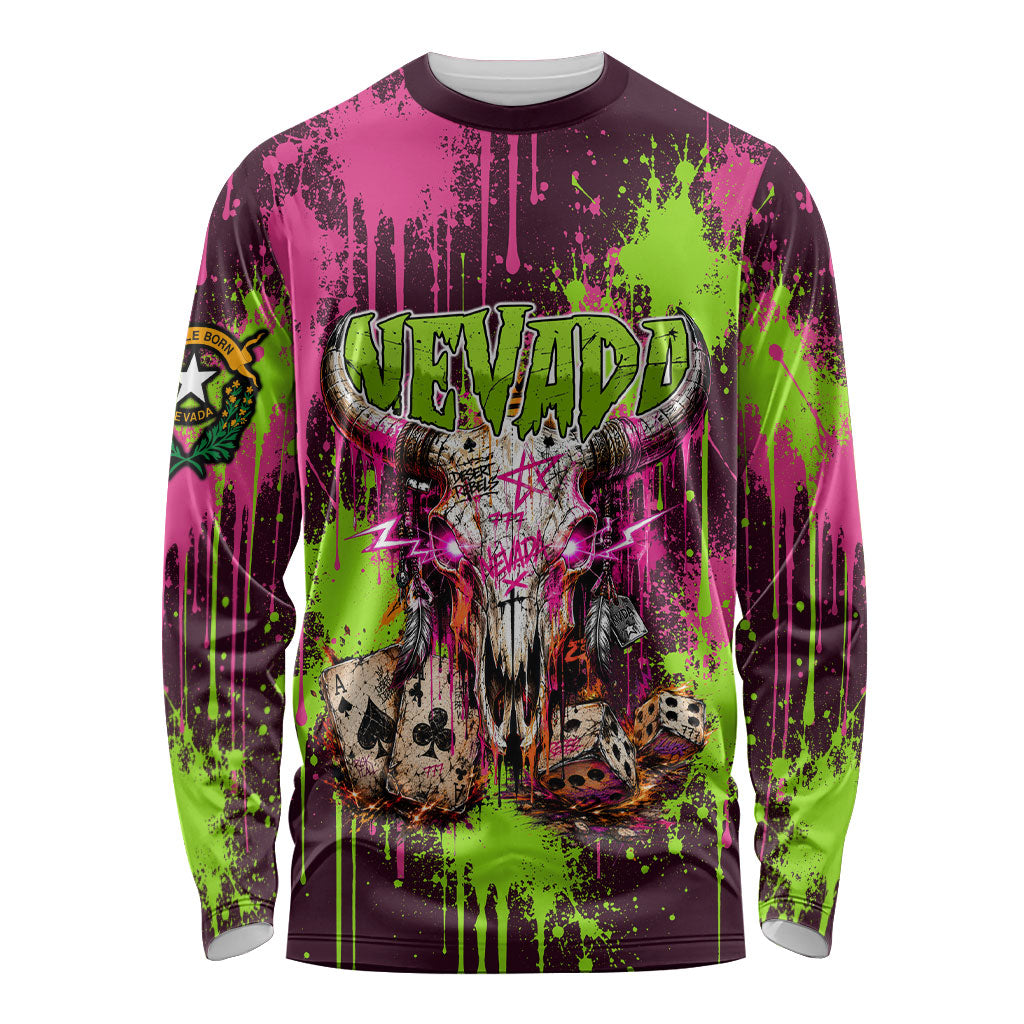 Nevada Area 51 Bull Skull Alien UFO Long Sleeve Shirt Vibrant Pink Lime Paint Drip Graffiti Street Art Style