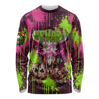 Nevada Area 51 Bull Skull Alien UFO Long Sleeve Shirt Vibrant Pink Lime Paint Drip Graffiti Street Art Style