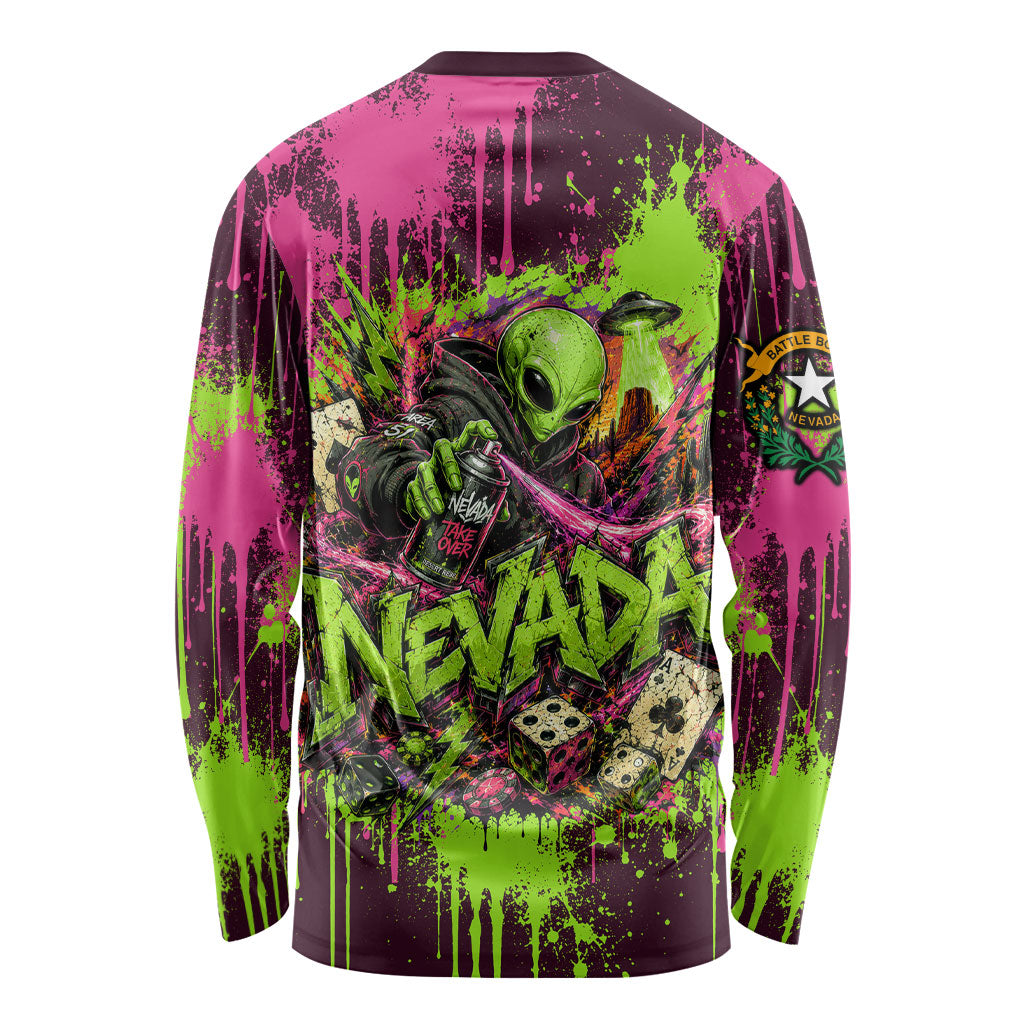 Nevada Area 51 Bull Skull Alien UFO Long Sleeve Shirt Vibrant Pink Lime Paint Drip Graffiti Street Art Style