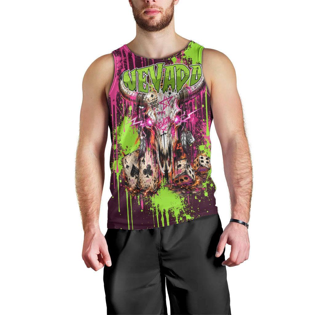 Nevada Area 51 Bull Skull Alien UFO Men Tank Top Vibrant Pink Lime Paint Drip Graffiti Street Art Style