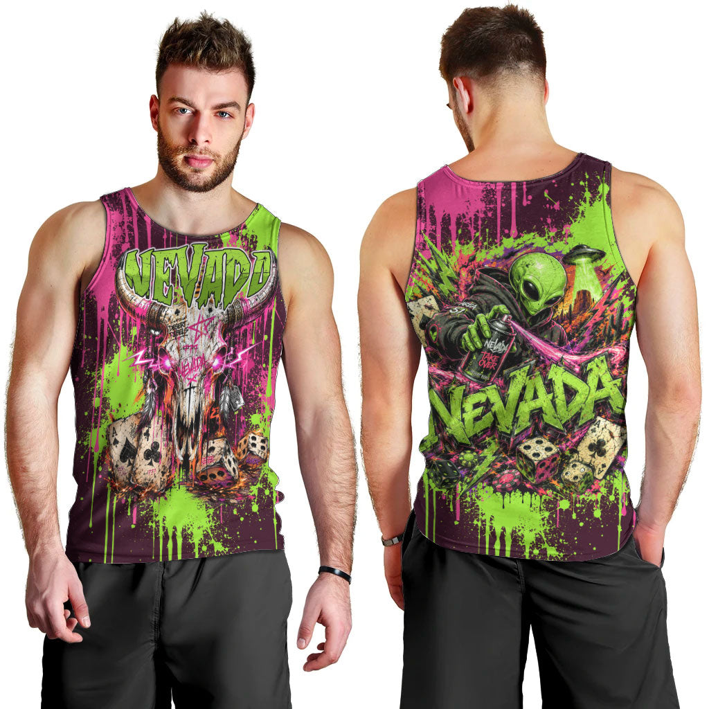 Nevada Area 51 Bull Skull Alien UFO Men Tank Top Vibrant Pink Lime Paint Drip Graffiti Street Art Style