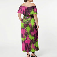 Nevada Area 51 Bull Skull Alien UFO Off Shoulder Maxi Dress Vibrant Pink Lime Paint Drip Graffiti Street Art Style
