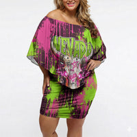 Nevada Area 51 Bull Skull Alien UFO Off Shoulder Short Dress Vibrant Pink Lime Paint Drip Graffiti Street Art Style