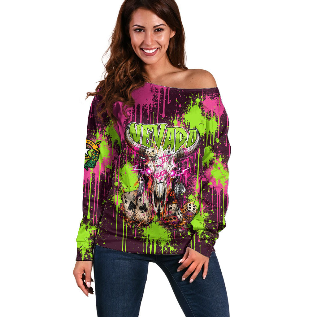 Nevada Area 51 Bull Skull Alien UFO Off Shoulder Sweater Vibrant Pink Lime Paint Drip Graffiti Street Art Style