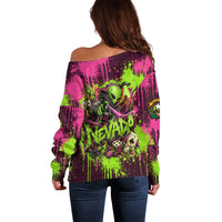 Nevada Area 51 Bull Skull Alien UFO Off Shoulder Sweater Vibrant Pink Lime Paint Drip Graffiti Street Art Style