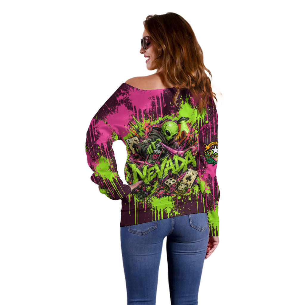 Nevada Area 51 Bull Skull Alien UFO Off Shoulder Sweater Vibrant Pink Lime Paint Drip Graffiti Street Art Style