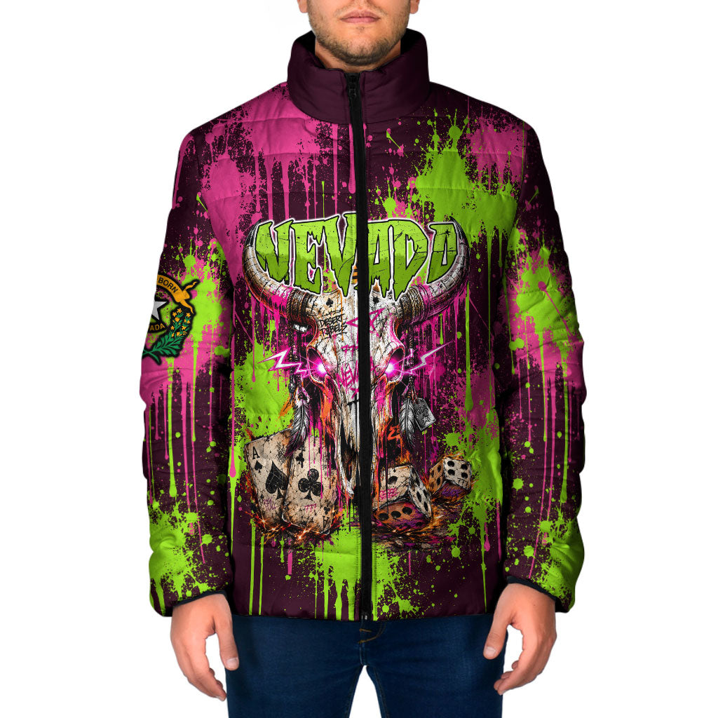 Nevada Area 51 Bull Skull Alien UFO Padded Jacket Vibrant Pink Lime Paint Drip Graffiti Street Art Style