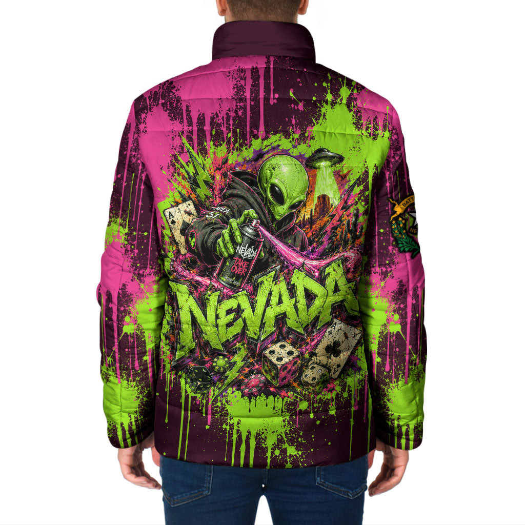 Nevada Area 51 Bull Skull Alien UFO Padded Jacket Vibrant Pink Lime Paint Drip Graffiti Street Art Style