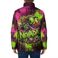 Nevada Area 51 Bull Skull Alien UFO Padded Jacket Vibrant Pink Lime Paint Drip Graffiti Street Art Style
