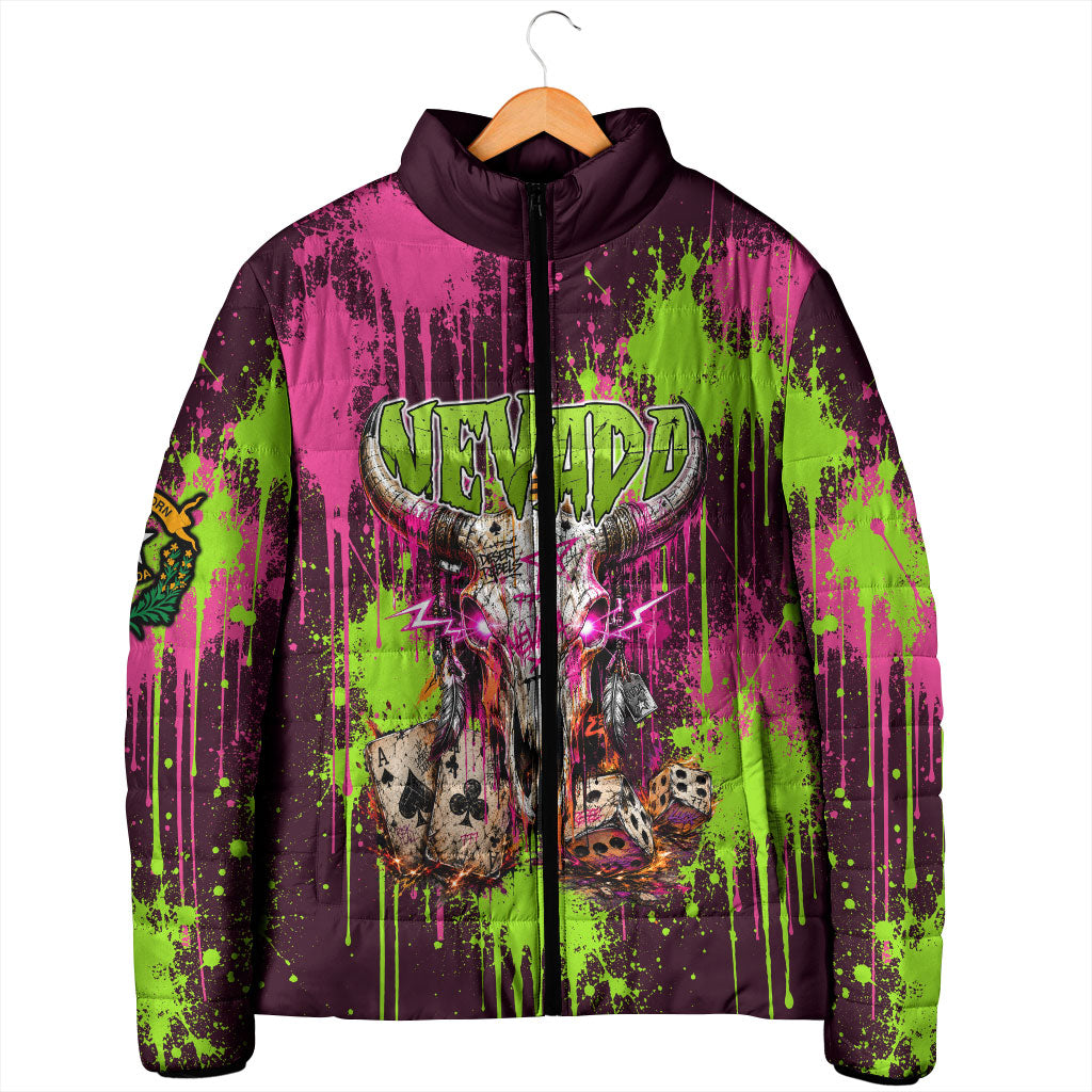Nevada Area 51 Bull Skull Alien UFO Padded Jacket Vibrant Pink Lime Paint Drip Graffiti Street Art Style