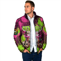 Nevada Area 51 Bull Skull Alien UFO Padded Jacket Vibrant Pink Lime Paint Drip Graffiti Street Art Style