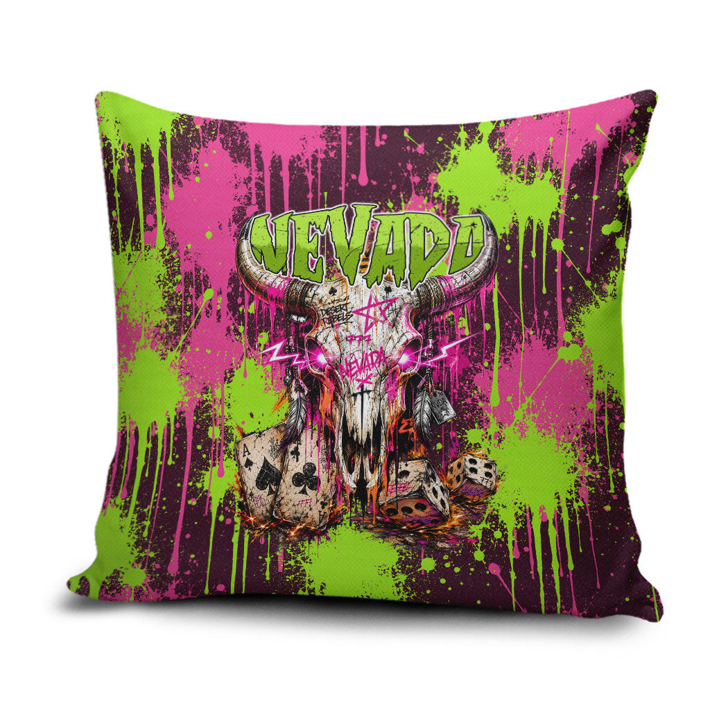 Nevada Area 51 Bull Skull Alien UFO Pillow Cover Vibrant Pink Lime Paint Drip Graffiti Street Art Style