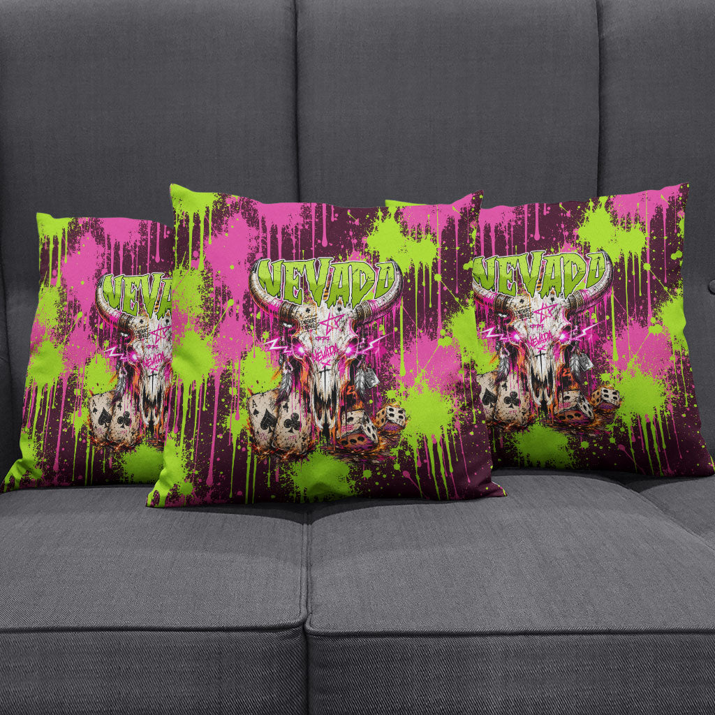 Nevada Area 51 Bull Skull Alien UFO Pillow Cover Vibrant Pink Lime Paint Drip Graffiti Street Art Style