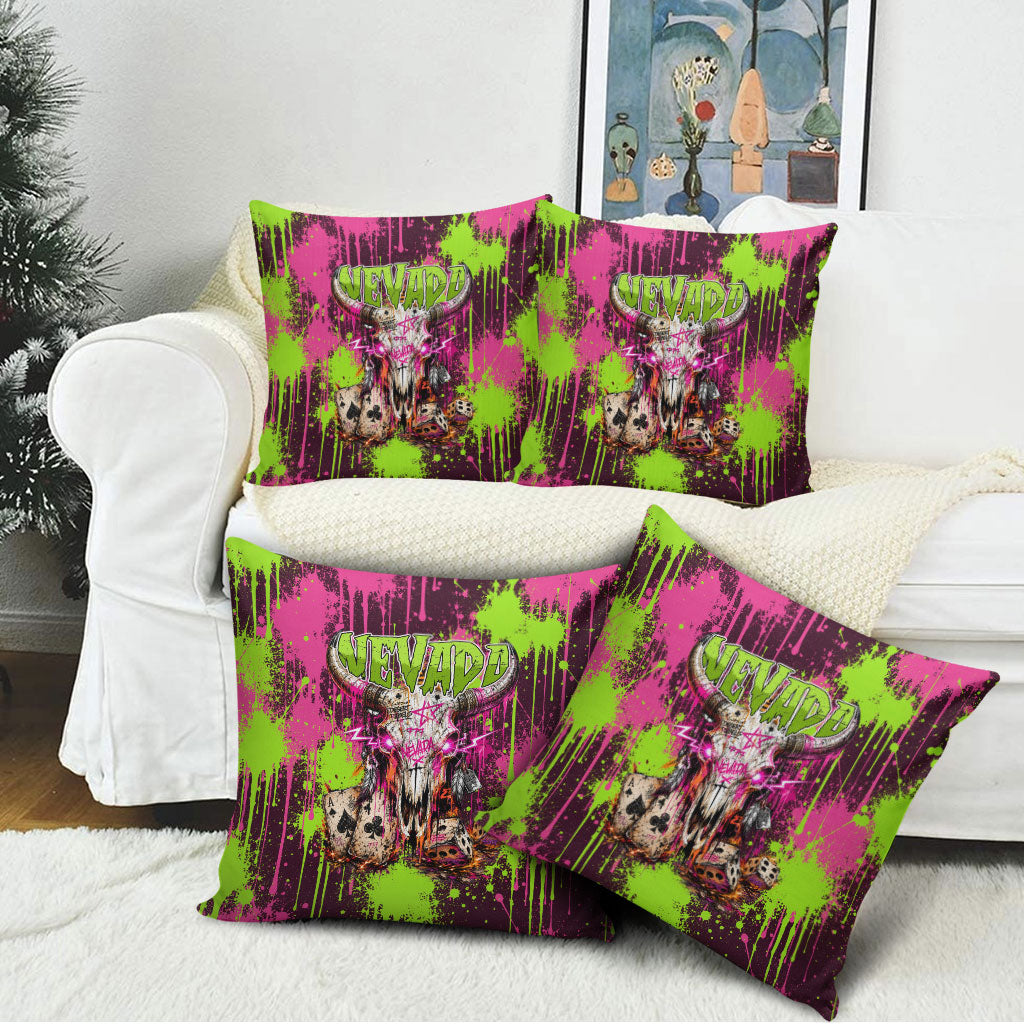 Nevada Area 51 Bull Skull Alien UFO Pillow Cover Vibrant Pink Lime Paint Drip Graffiti Street Art Style