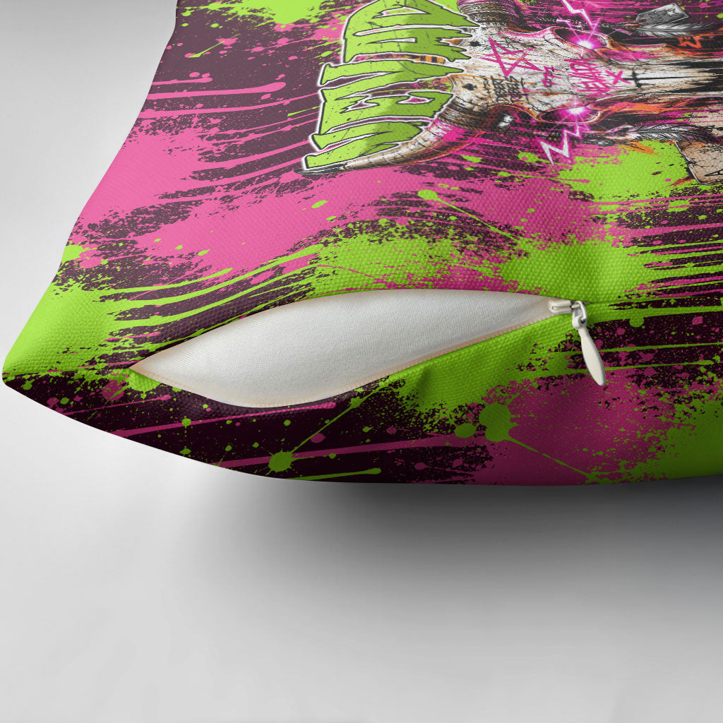 Nevada Area 51 Bull Skull Alien UFO Pillow Cover Vibrant Pink Lime Paint Drip Graffiti Street Art Style