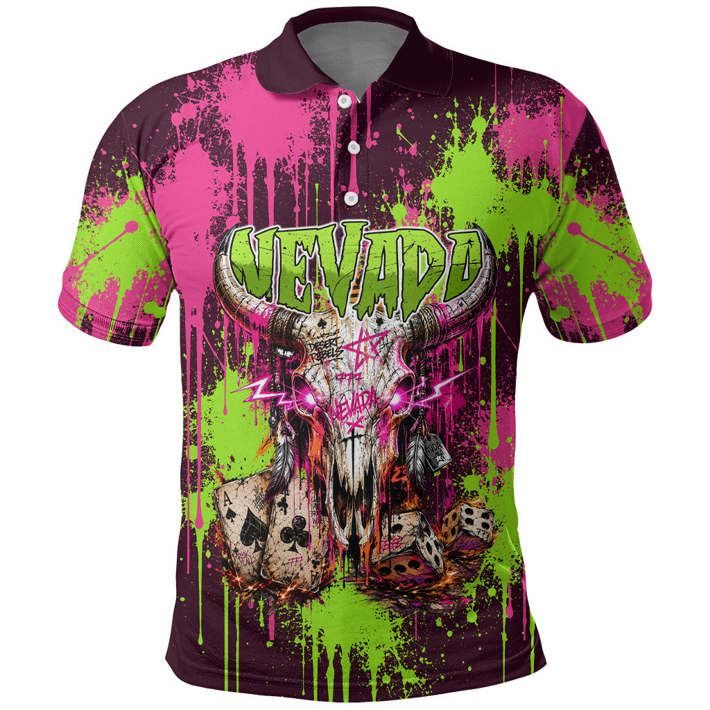 Nevada Area 51 Bull Skull Alien UFO Polo Shirt Vibrant Pink Lime Paint Drip Graffiti Street Art Style