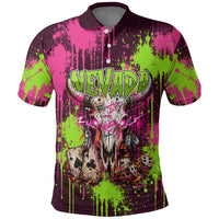Nevada Area 51 Bull Skull Alien UFO Polo Shirt Vibrant Pink Lime Paint Drip Graffiti Street Art Style