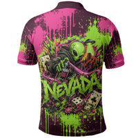 Nevada Area 51 Bull Skull Alien UFO Polo Shirt Vibrant Pink Lime Paint Drip Graffiti Street Art Style