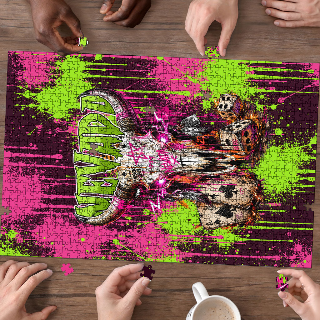 Nevada Area 51 Bull Skull Alien UFO Puzzle Vibrant Pink Lime Paint Drip Graffiti Street Art Style