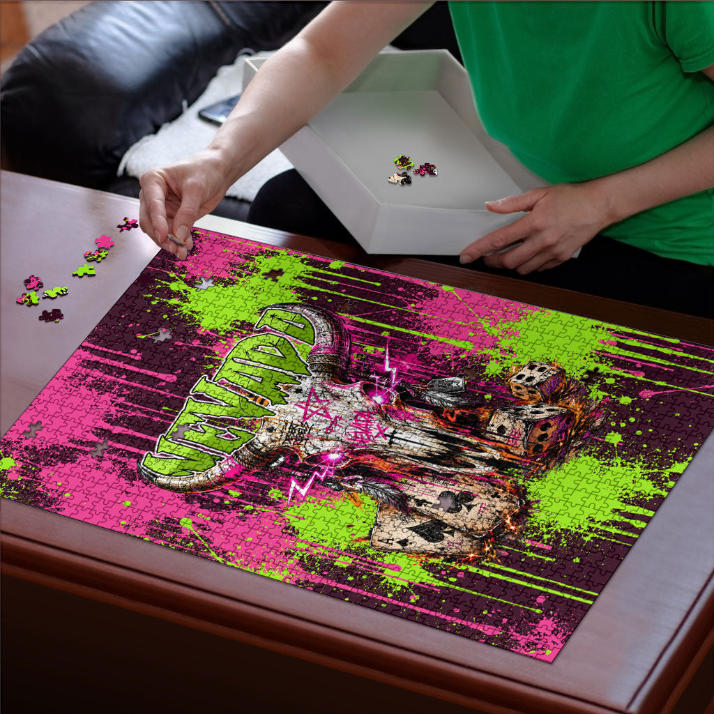 Nevada Area 51 Bull Skull Alien UFO Puzzle Vibrant Pink Lime Paint Drip Graffiti Street Art Style