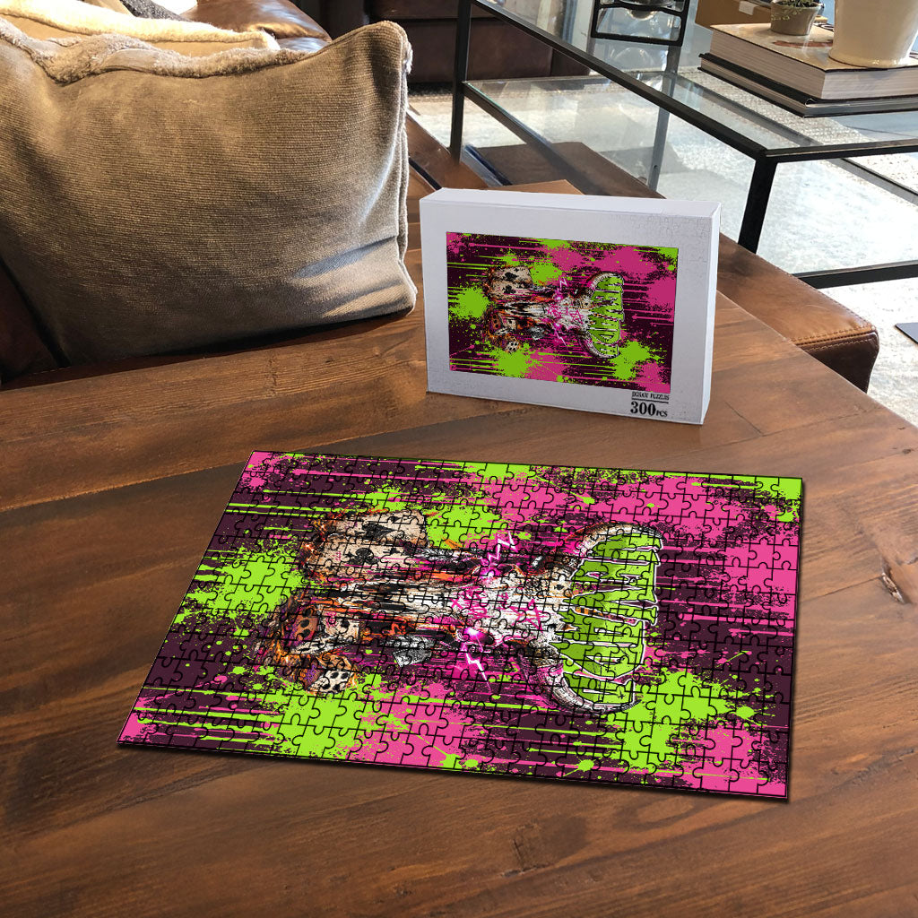 Nevada Area 51 Bull Skull Alien UFO Puzzle Vibrant Pink Lime Paint Drip Graffiti Street Art Style