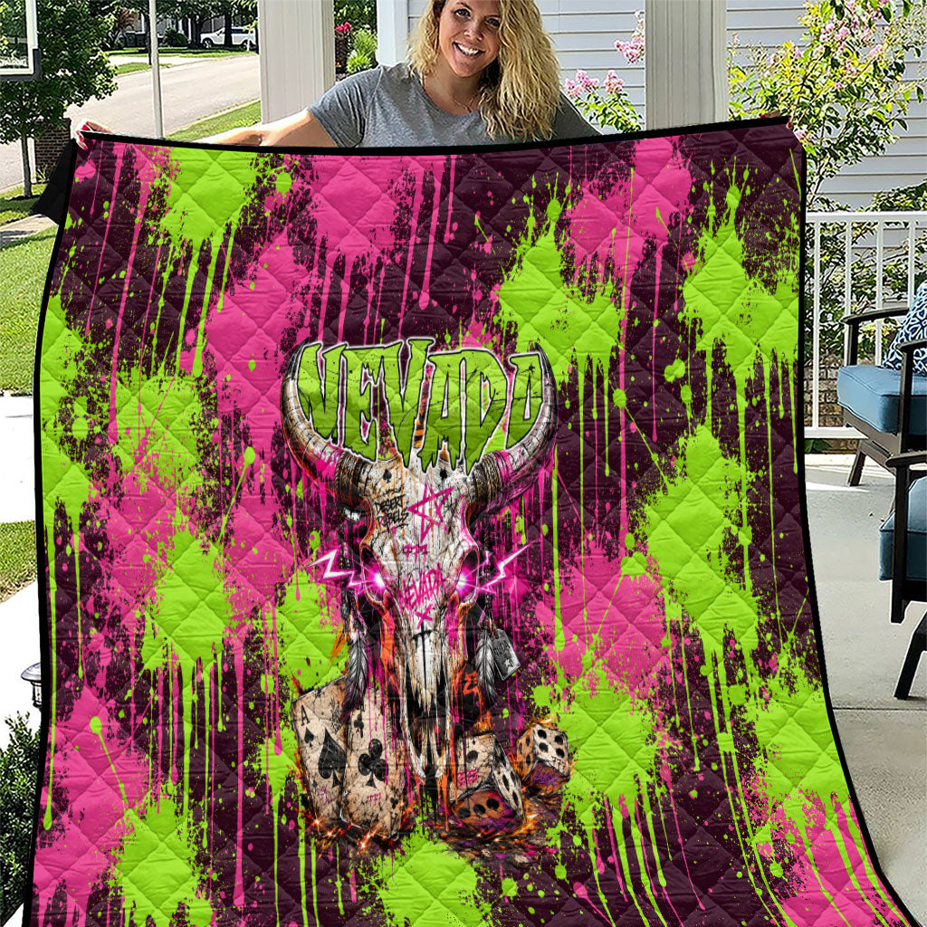 Nevada Area 51 Bull Skull Alien UFO Quilt Vibrant Pink Lime Paint Drip Graffiti Street Art Style