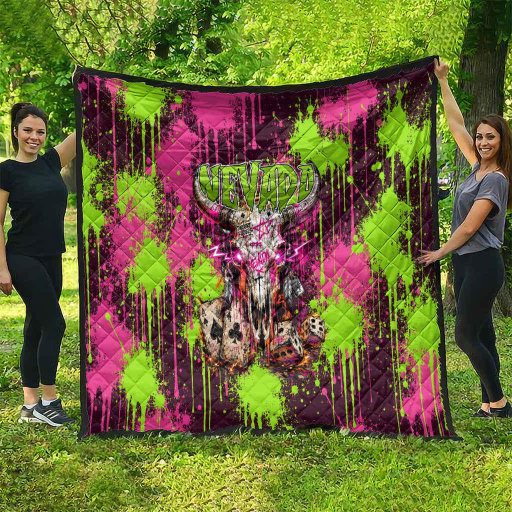 Nevada Area 51 Bull Skull Alien UFO Quilt Vibrant Pink Lime Paint Drip Graffiti Street Art Style