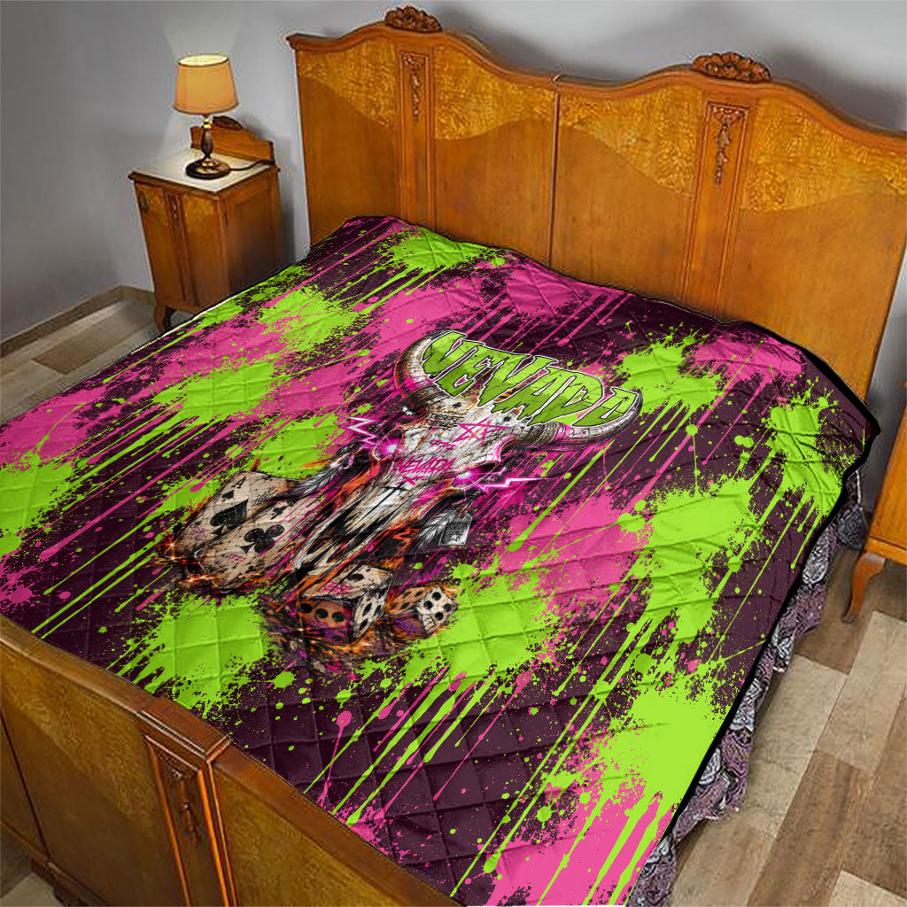 Nevada Area 51 Bull Skull Alien UFO Quilt Vibrant Pink Lime Paint Drip Graffiti Street Art Style