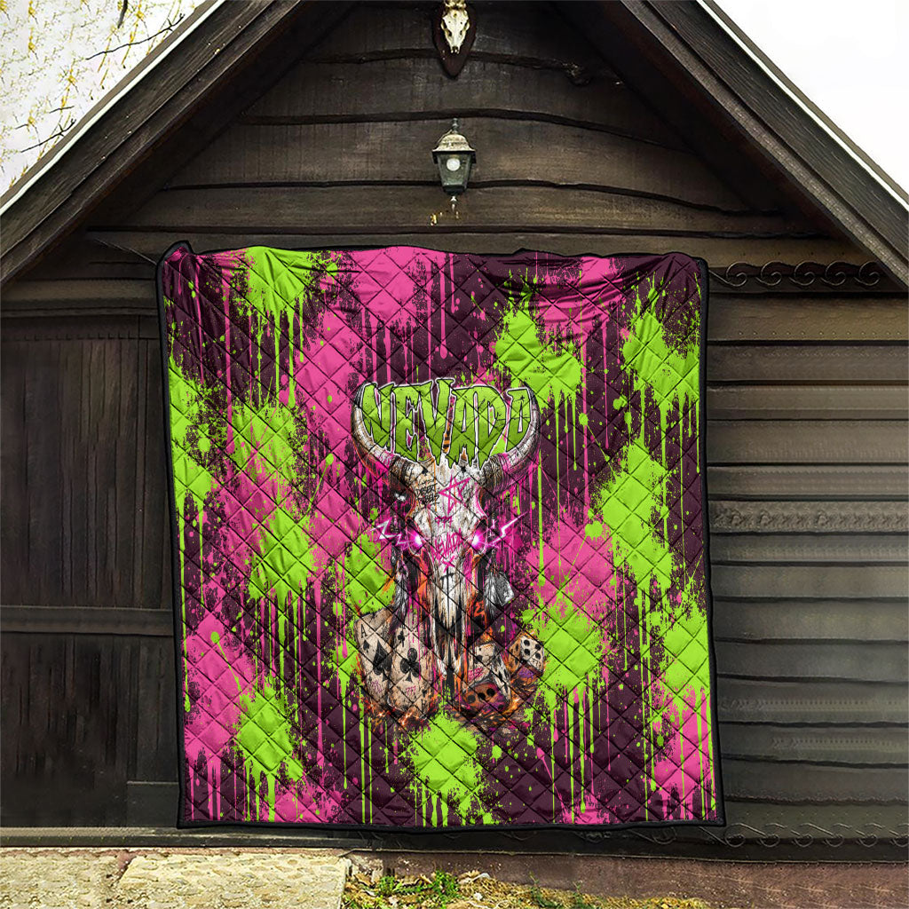 Nevada Area 51 Bull Skull Alien UFO Quilt Vibrant Pink Lime Paint Drip Graffiti Street Art Style