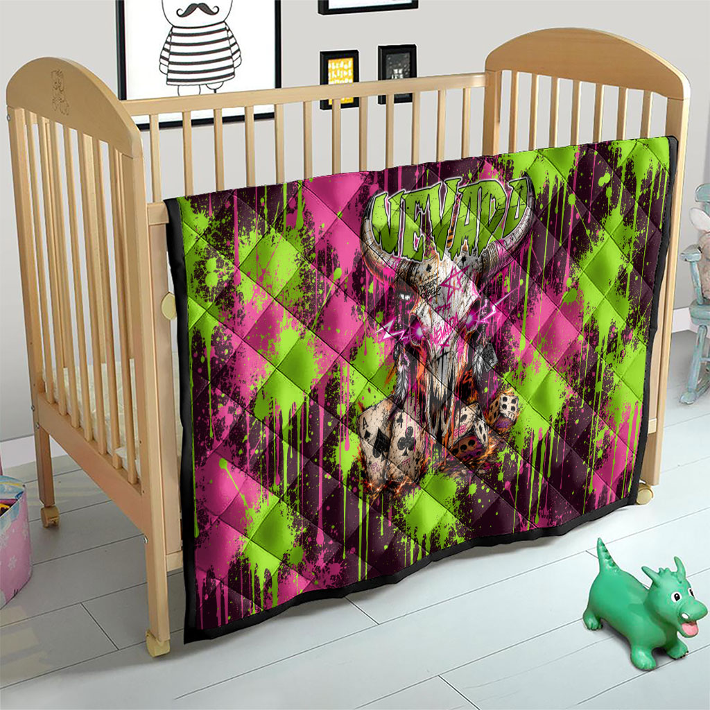 Nevada Area 51 Bull Skull Alien UFO Quilt Vibrant Pink Lime Paint Drip Graffiti Street Art Style