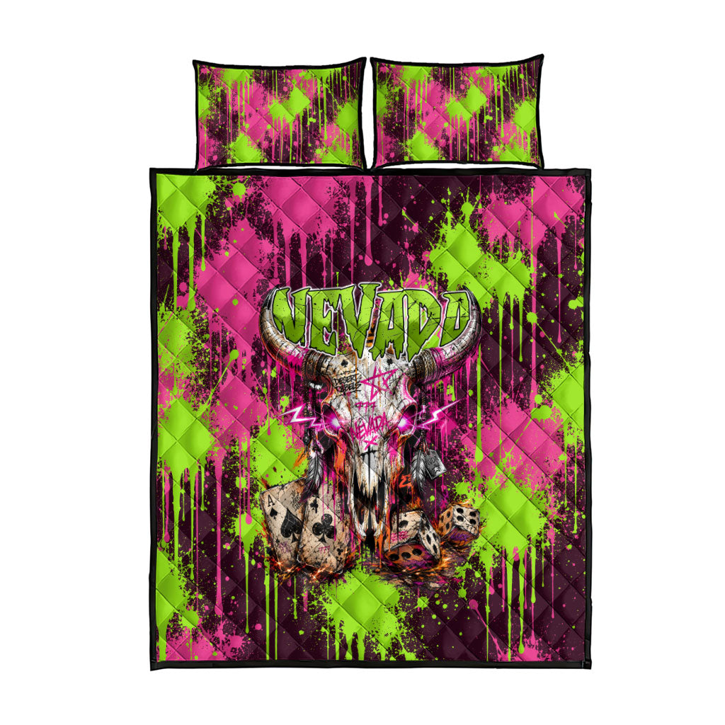 Nevada Area 51 Bull Skull Alien UFO Quilt Bed Set Vibrant Pink Lime Paint Drip Graffiti Street Art Style