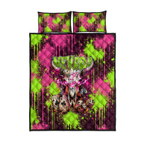 Nevada Area 51 Bull Skull Alien UFO Quilt Bed Set Vibrant Pink Lime Paint Drip Graffiti Street Art Style
