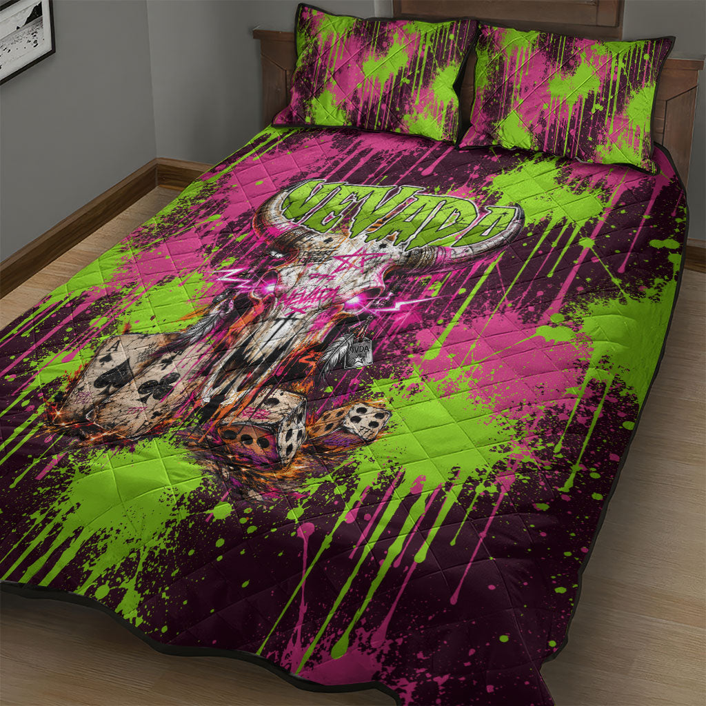 Nevada Area 51 Bull Skull Alien UFO Quilt Bed Set Vibrant Pink Lime Paint Drip Graffiti Street Art Style
