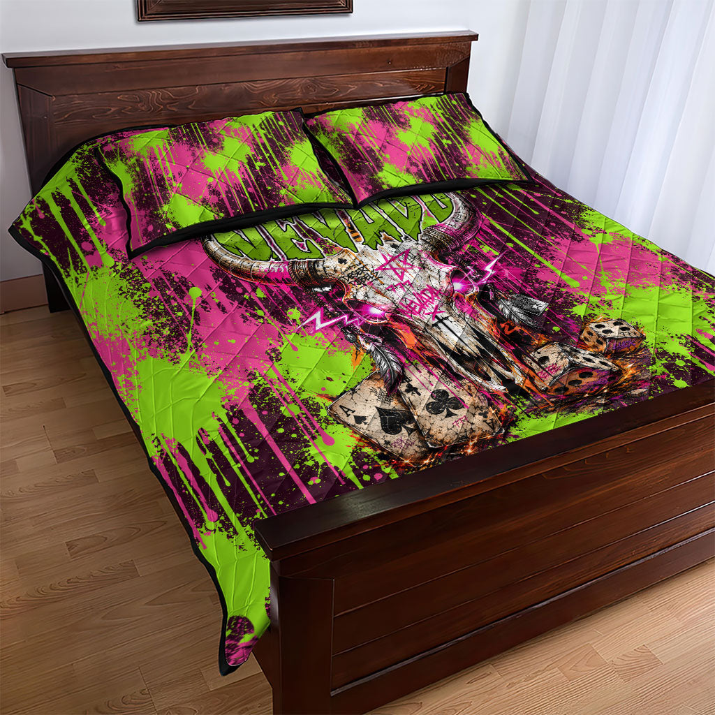 Nevada Area 51 Bull Skull Alien UFO Quilt Bed Set Vibrant Pink Lime Paint Drip Graffiti Street Art Style
