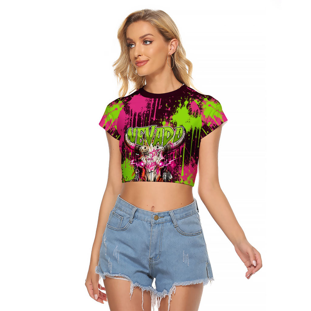 Nevada Area 51 Bull Skull Alien UFO Raglan Cropped T Shirt Vibrant Pink Lime Paint Drip Graffiti Street Art Style