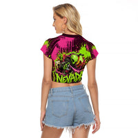 Nevada Area 51 Bull Skull Alien UFO Raglan Cropped T Shirt Vibrant Pink Lime Paint Drip Graffiti Street Art Style