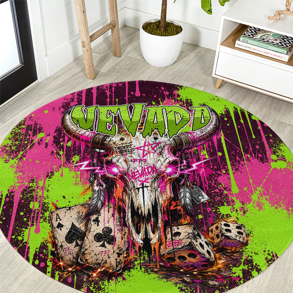 Nevada Area 51 Bull Skull Alien UFO Round Carpet Vibrant Pink Lime Paint Drip Graffiti Street Art Style