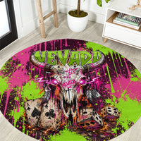 Nevada Area 51 Bull Skull Alien UFO Round Carpet Vibrant Pink Lime Paint Drip Graffiti Street Art Style